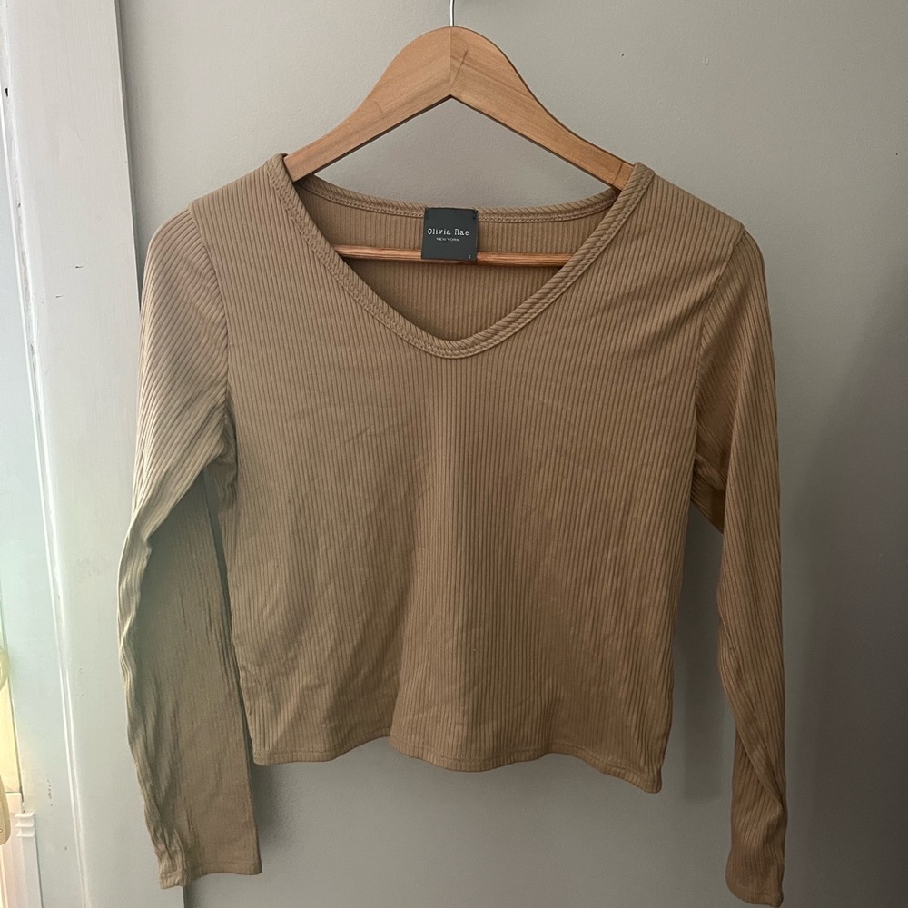 Olivia Rae Tan Fitted Crop Long Sleeve Top